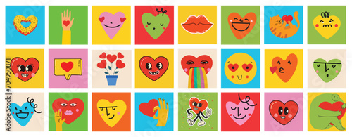 Groovy hippie love sticker set. Heart funny cartoon character different pose. Happy valentine's day concept. Trendy retro 60s 70s style emoji. Y2K aesthetic. Vector illustration.