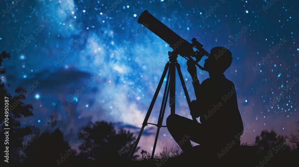 A man seated outdoors, gazing through a sizable telescope, observing the night sky adorned with a multitude of stars.





