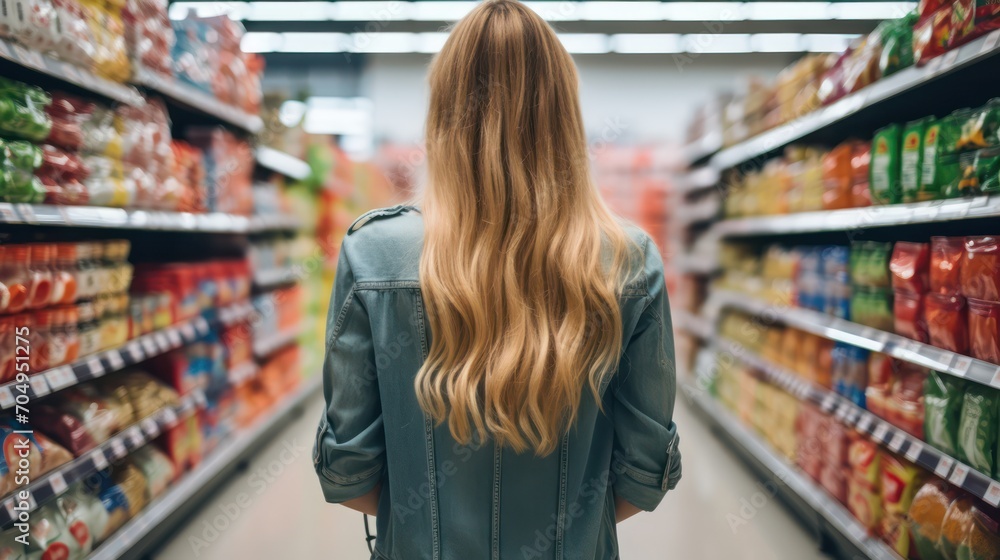 
An image of a gorgeous young American woman navigating a supermarket, carefully selecting and purchasing groceries and food items
