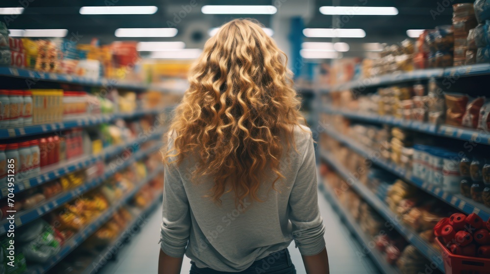 young American woman as she navigates a supermarket, diligently selecting and purchasing groceries and food products.