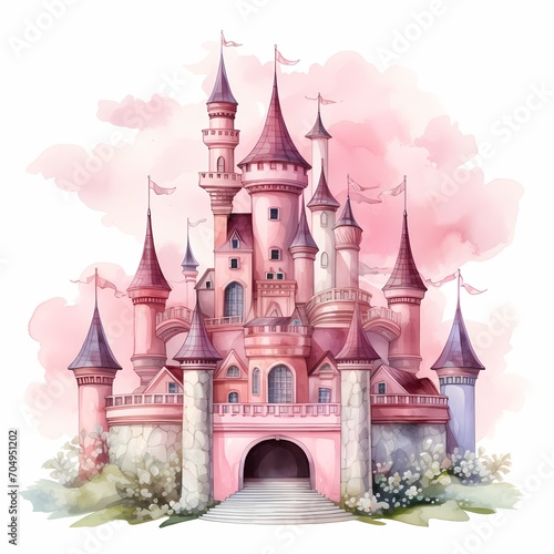 castle watercolor style clip art in pastel pink color