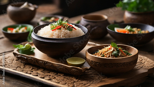 Present the beauty of Rice Thai cuisine through a side view lens, placing your delectable dishes on a rustic wooden table © mdaktaruzzaman