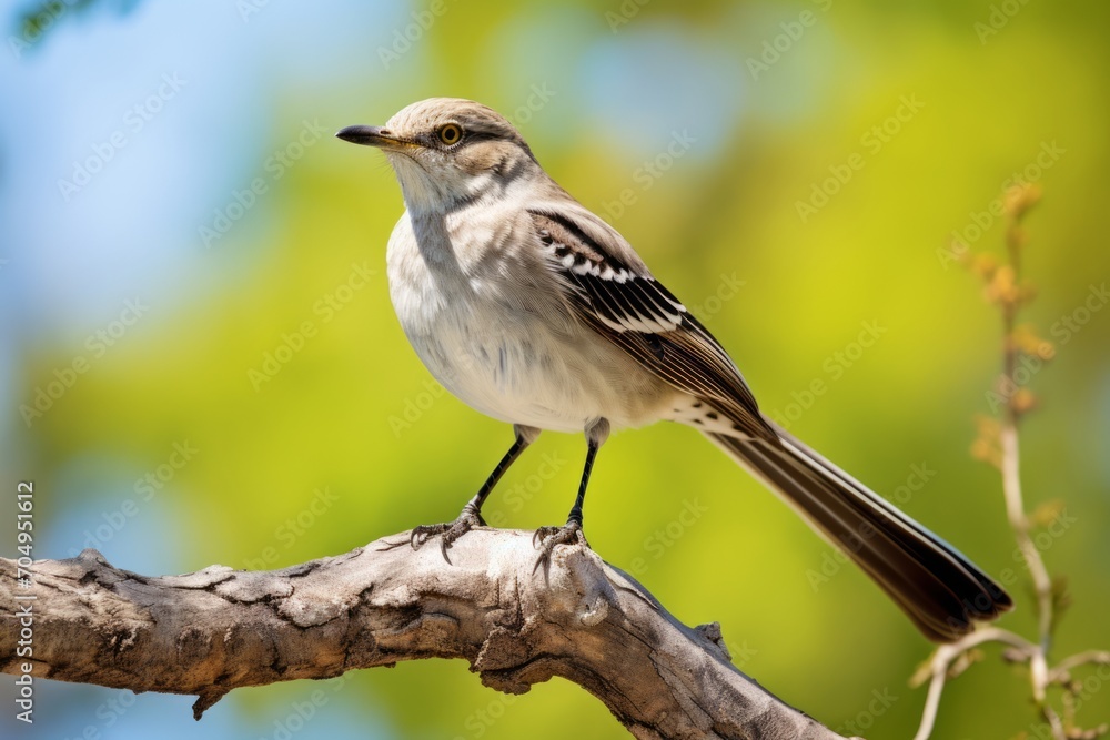 Fototapeta premium Mocking bird sitting on a tree branch in a sunny day