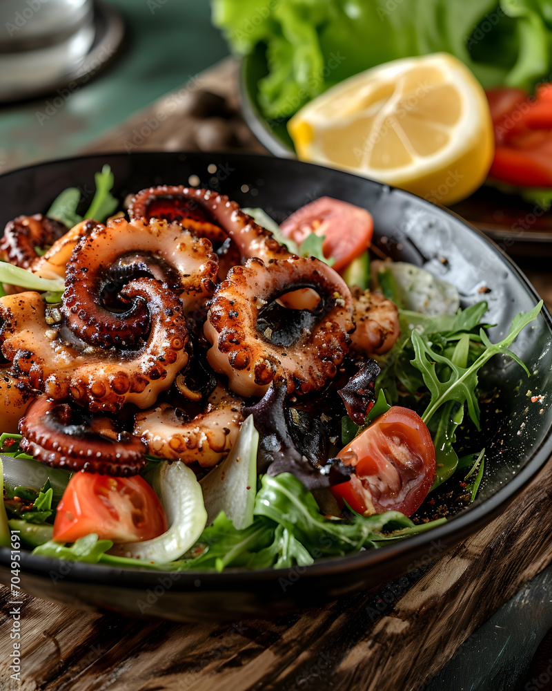 Perfectly served octopus salad with vegetables, olive oil and lemon. Mediterranean food style concept