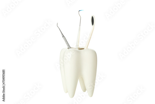 PNG tooth shaped glass with dental tools isolated on white background.