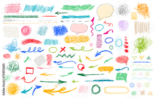 Charcoal pencil curly lines, squiggles and shapes set. Grunge pen scribbles. Hand drawn pencil lines, doodles. Bright color charcoal or chalk drawing. Vector rough crayon strokes. Ink color splatters.