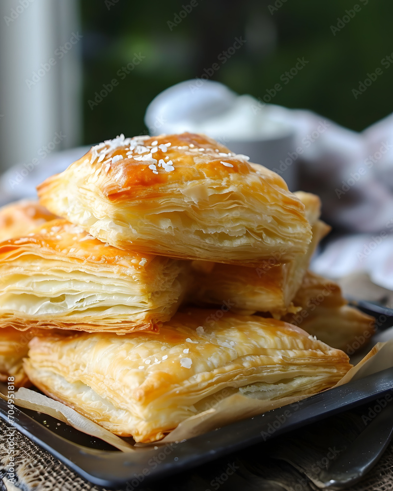 Homemade crunchy pastry filled with cheese, Nutella or chocolate cream served in the white plate. Concept food design Homemade crunchy pastry filled with cheese, Nutella or chocolate cream served in the white plate. Concept food design