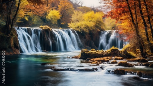 beautiful waterfall view in autumn