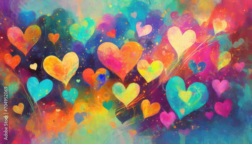 A vibrant abstract background with glowing hearts, impressionism art style