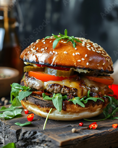 Delicious burger and fries served on the table. Gastronomy concept design photo