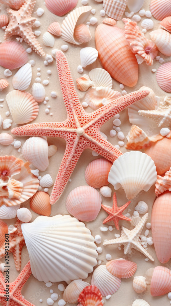 Top view of a collection of various seashells and starfish on a sandy background, perfect for summer themes.