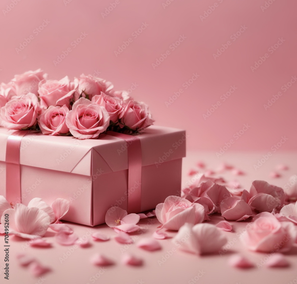 Valentine's day background banner with gift box, pink hearts and pink roses on pink backdrop. Copy space.Birthday, Mother's Day background. Valentine's day background banner with gift box, pink hearts and pink roses on pink backdrop. Copy space.Birthday, Mother's Day background.