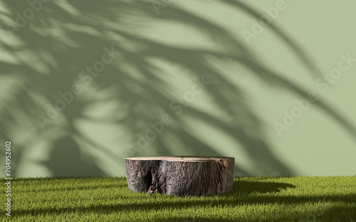 Wallpaper Mural Tree trunk stump stand or podium on the green grass of a garden for natural product display. Torontodigital.ca