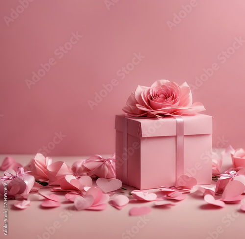 Valentine's day background banner with gift box, pink hearts and pink roses on pink backdrop. Copy space.Birthday, Mother's Day background.