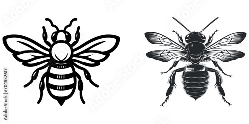 Honey bee black silhouette set, vector illustration.