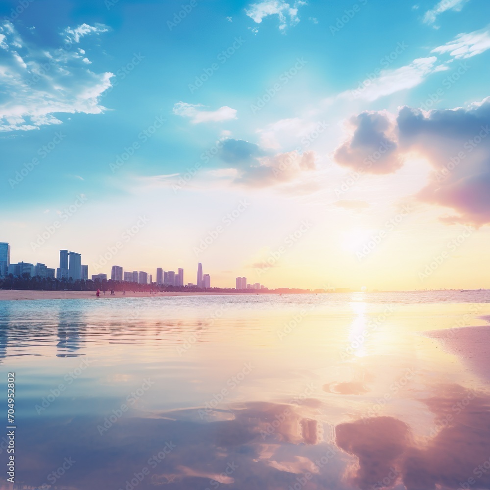 Abstract blur beach with white, yellow and blue city sky sunrise background in summer holiday concept. Blurred beautiful pastel color of sunset landscape with lens flare effect background.  - Gen AI
