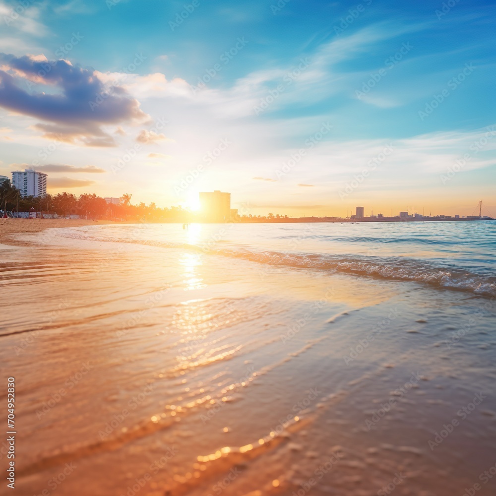 Abstract blur beach with white, yellow and blue city sky sunrise background in summer holiday concept. Blurred beautiful pastel color of sunset landscape with lens flare effect background.  - Gen AI