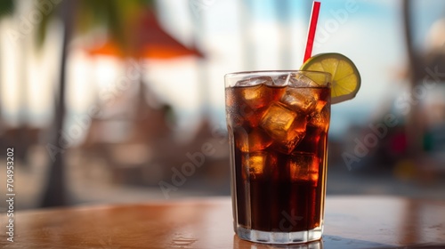 closeup photo of a fresh cold cola soda drink in a glass with a lime slice and a straw stands on a bar counter at a blurry tropical beach background