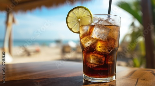 
A close-up photograph showcases a refreshing cold cola soda drink in a glass, complete with a lime slice and a straw. The glass is placed on a bar counter, with a blurry tropical beach background, cr photo