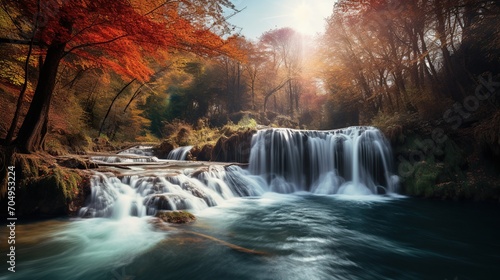 beautiful waterfall view in autumn