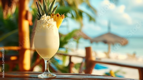  cold, alcoholic Pina Colada cocktail adorned with cream and pineapple. The backdrop showcases a tropical beach bar, creating a mesmerizing scene.