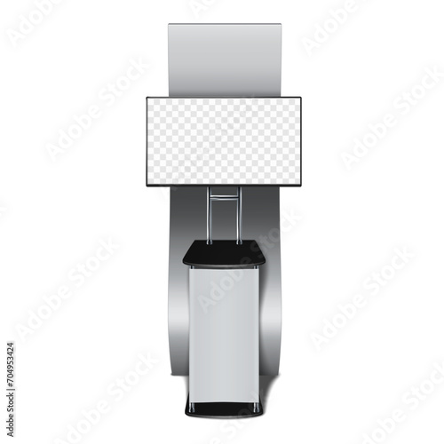 Trade show pop TV counter stand, front view. Vector mock-up. Tradeshow exhibition monitor display mockup. Template for design