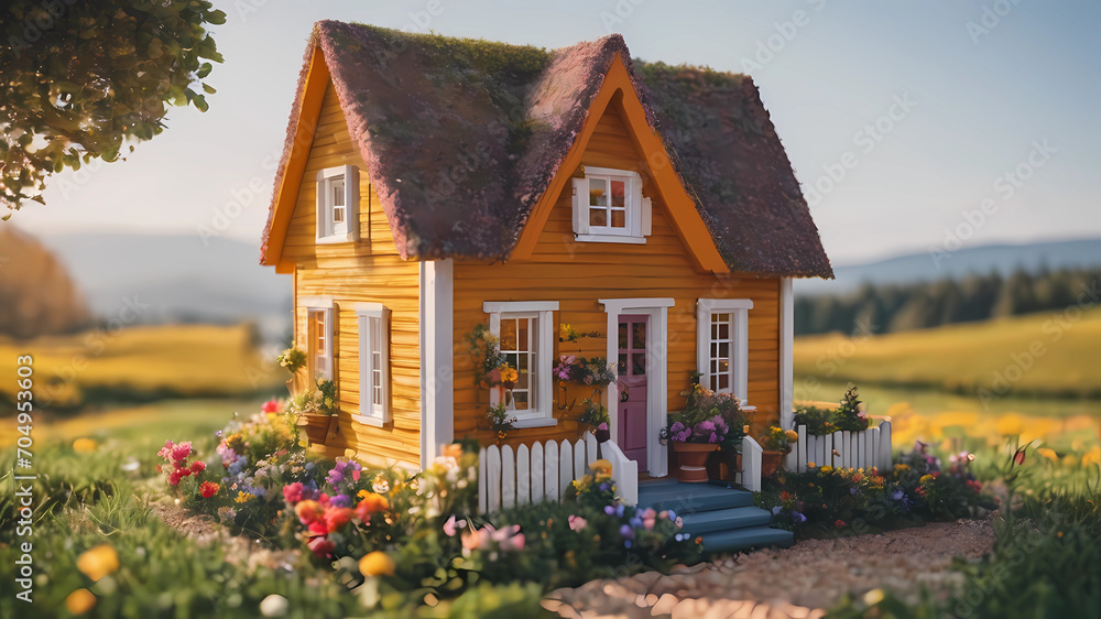 tiniest house with flowers  ever, tilt shift, analog photo