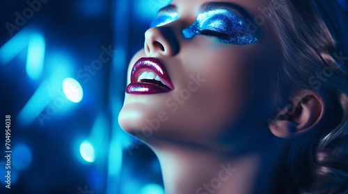 High fashion blonde model in colorful bright neon lights posing at club. Portrait of beautiful girl with trendy glowing make-up. Art design vivid style, 8 March, Valentine day, Birthday party