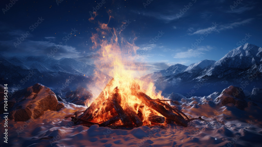 A cozy winter camping scene with a roaring bonfire amidst snow-covered rocks and a backdrop of majestic mountains under a night sky.