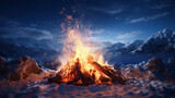 A cozy winter camping scene with a roaring bonfire amidst snow-covered rocks and a backdrop of majestic mountains under a night sky.