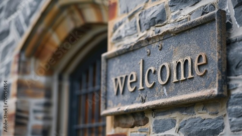 Welcome sign on the facade of a church