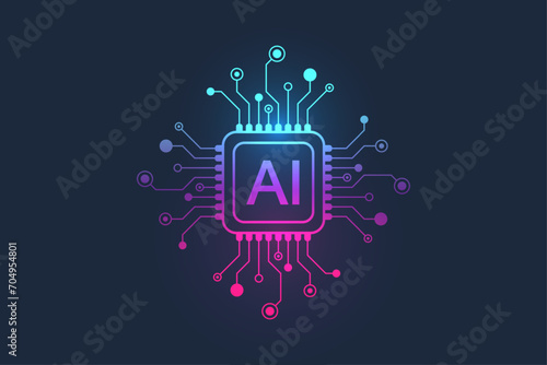 Artificial intelligence icon, sign, logo in the circuit line style. AI processor vector icon flat design. Motherboard digital chip AI. Machine learning design.