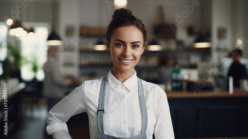 Portrait of a confident female barista in a white shirt and apron, smiling at a modern coffee shop with blurred background.