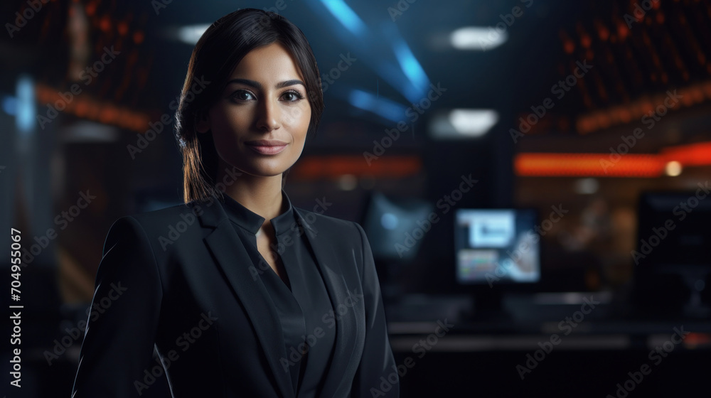 A professional businesswoman in a sleek black suit stands confidently in a modern office environment with technological equipment. A professional businesswoman in a sleek black suit stands confidently in a modern office environment with technological equipment.