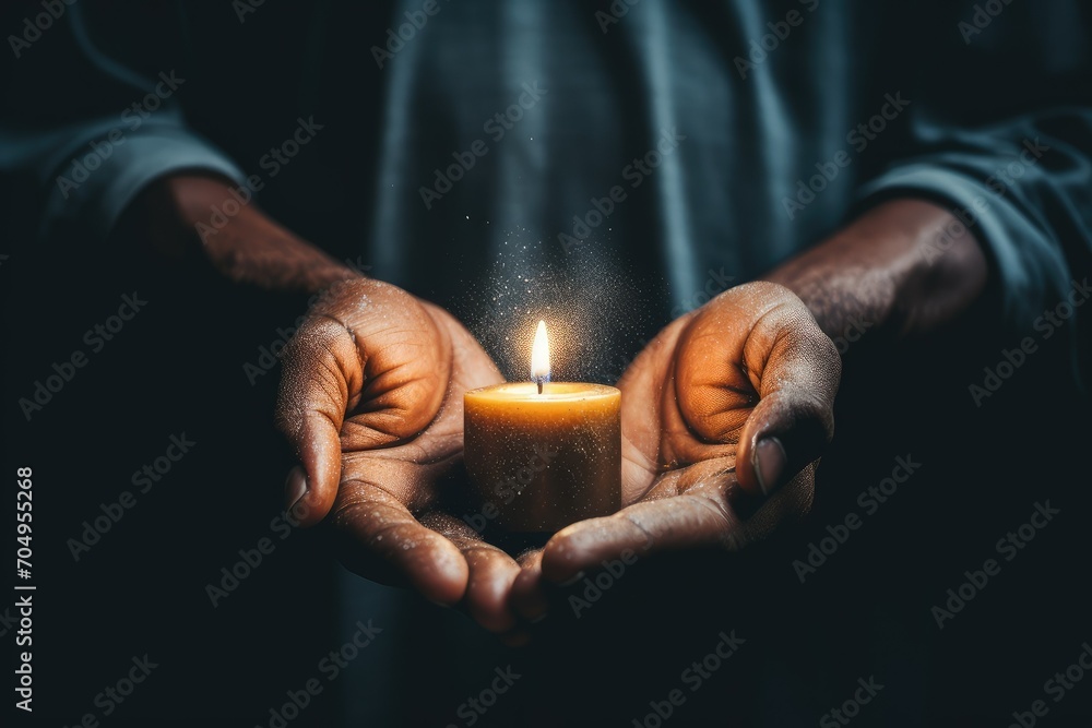 African American priest holding burning candle in the night. Candles in Christian church as catholic symbol. Abstract backdrop, religion concept - obrazy, fototapety, plakaty 