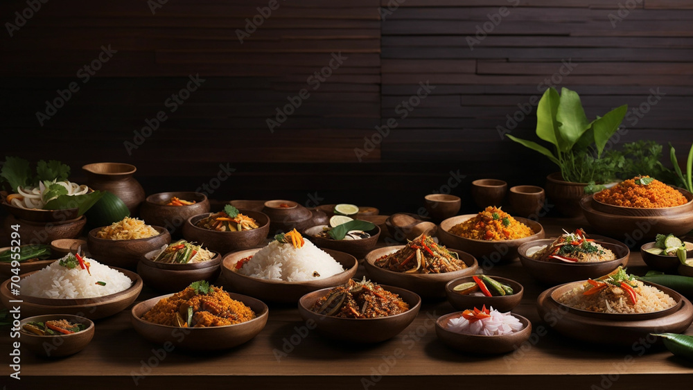 Rice Thai dishes on a wooden table. From curries to stir-fries, capture the delicious harmony from a side view Rice Thai dishes on a wooden table. From curries to stir-fries, capture the delicious harmony from a side view