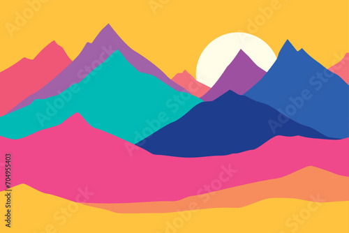 Mountains flat color illustration. Abstract simple landscape. Colorful hills. Multicolored abstract shapes. Vector design art