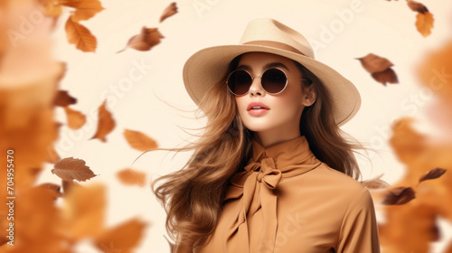 A stylish woman in a chic hat and sunglasses, surrounded by swirling autumn leaves, epitomizes fall fashion elegance.
