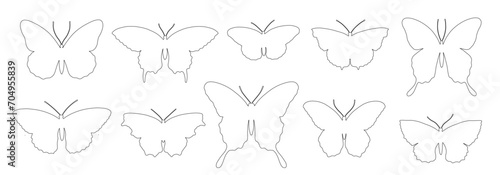 A set of linear sketches, contours of various butterflies.Vector graphics.