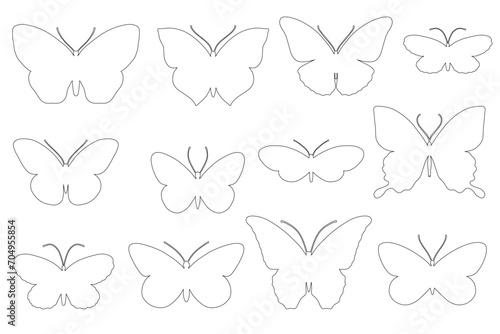 A set of linear sketches, contours of various butterflies.Vector graphics.