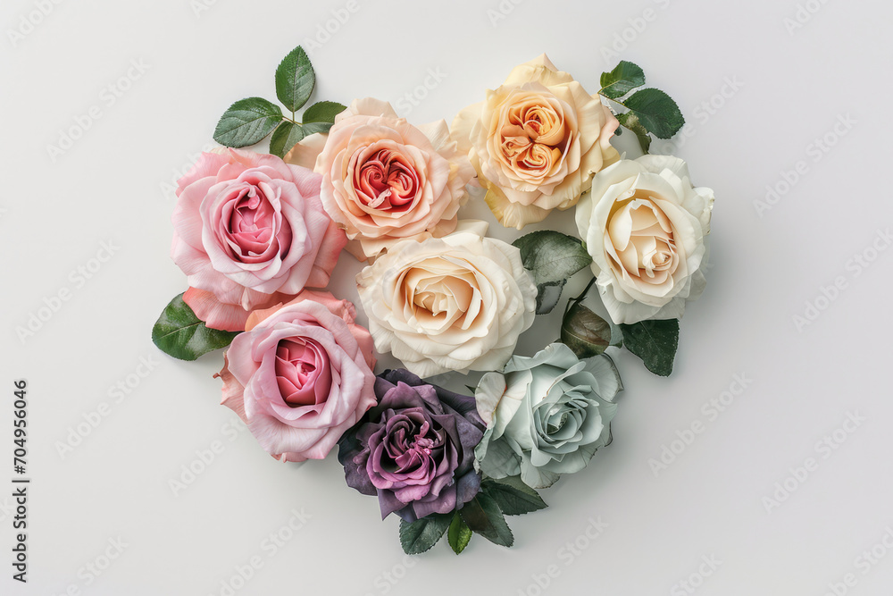 Pastel Roses Laid Out In Heart Shape On White Background Top View