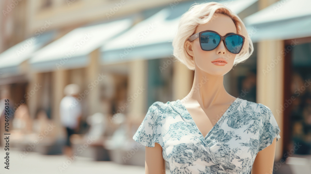 Fashionable female mannequin dressed in a light summer dress and sunglasses, posed against an urban outdoor backdrop.