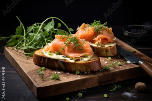  a close up of a plate of food on a table with a knife and fork and a knife in it.