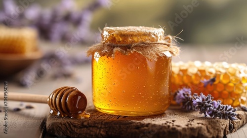 organic honey jar on a wooden countertop, with honeycomb, dried flowers and a wooden dipper around, golden hues of the honey