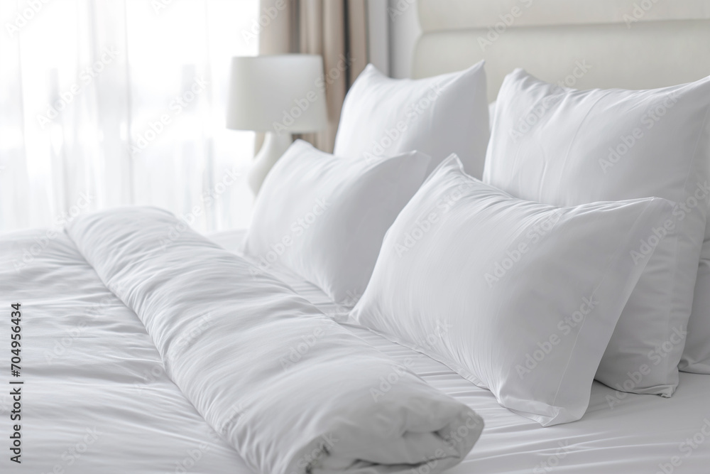beautiful bed in a hotel room with white pillows - obrazy, fototapety, plakaty 