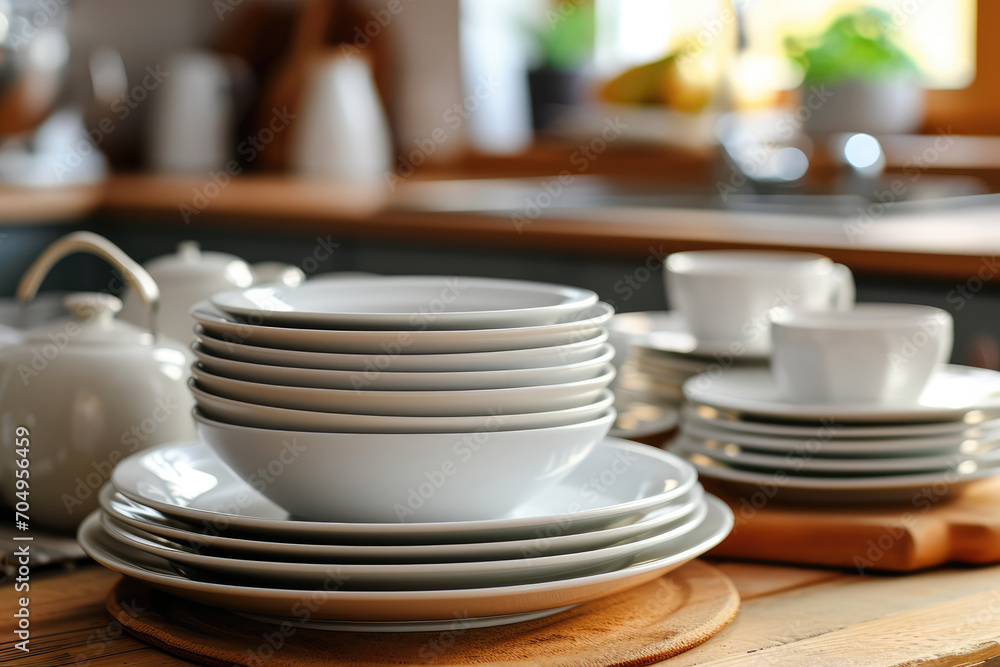 White Dishes Stacked On Kitchen Background White Dishes Stacked On Kitchen Background