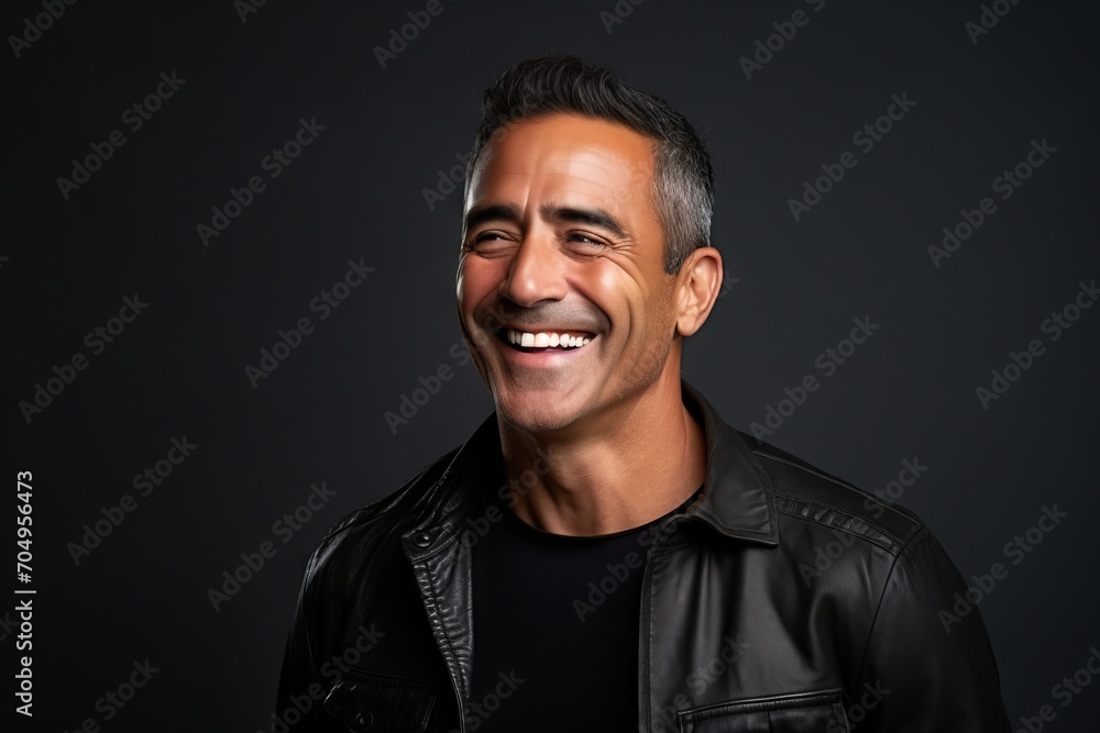 Portrait of a happy middle-aged man laughing against a dark background Portrait of a happy middle-aged man laughing against a dark background