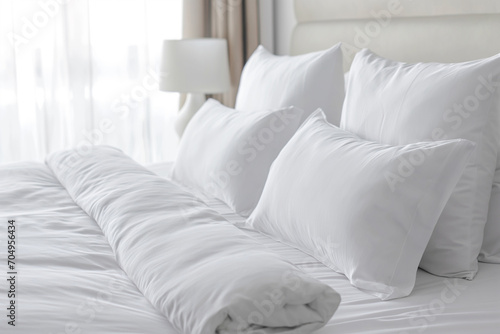 beautiful bed in a hotel room with white pillows