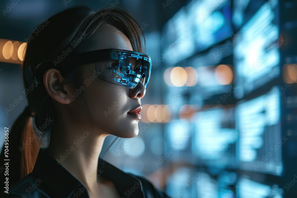 Female Cybersecurity Analyst Utilizing Smart Glasses For Enhanced Performance Female Cybersecurity Analyst Utilizing Smart Glasses For Enhanced Performance