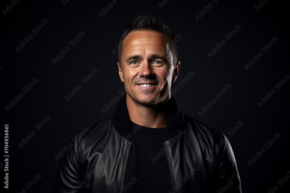 Portrait of a smiling middle-aged man in a black leather jacket.